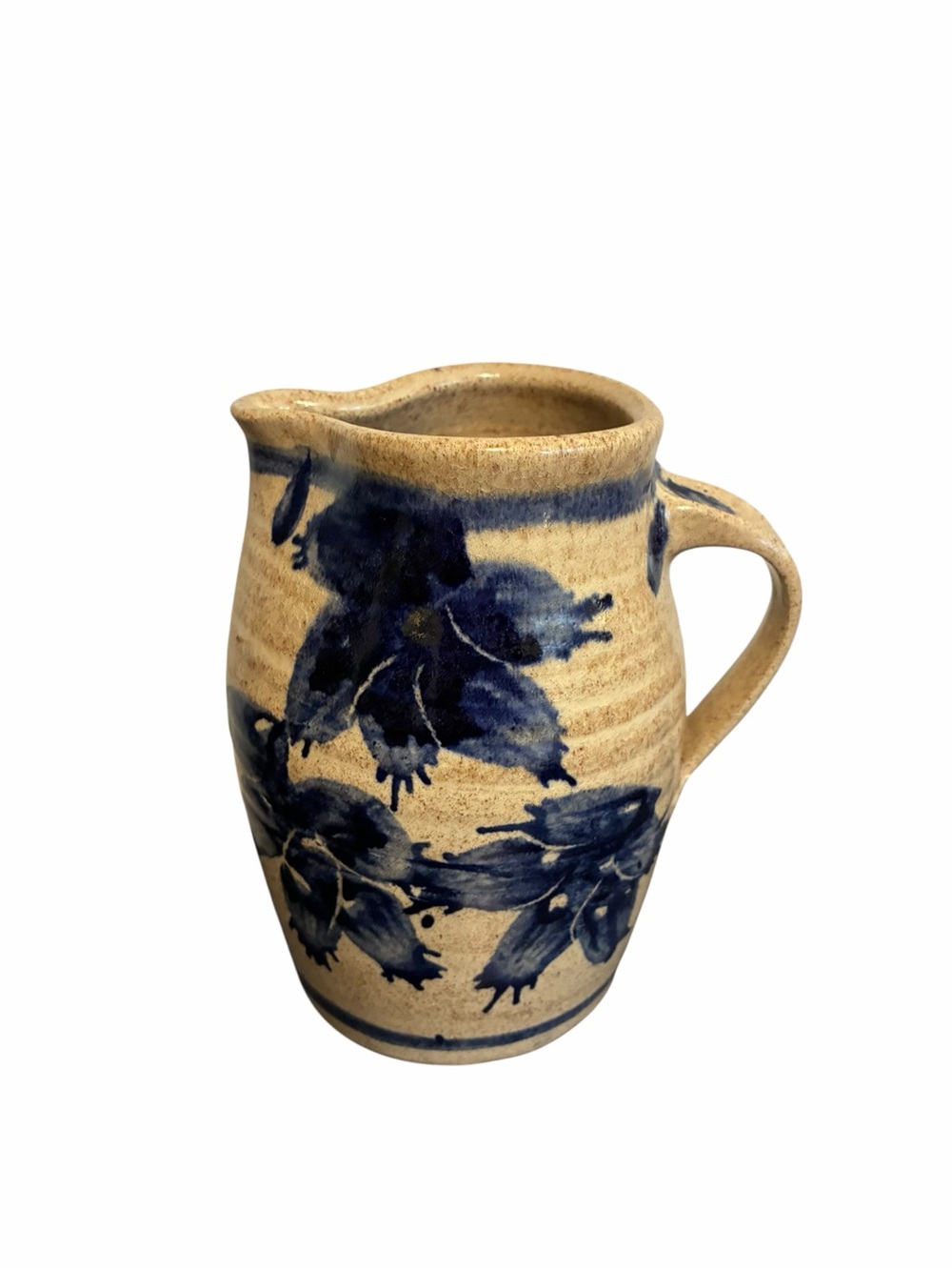 Signed Studio Pottery Salt Glazed Stoneware Pitcher Cobalt Blue Floral Rustic
